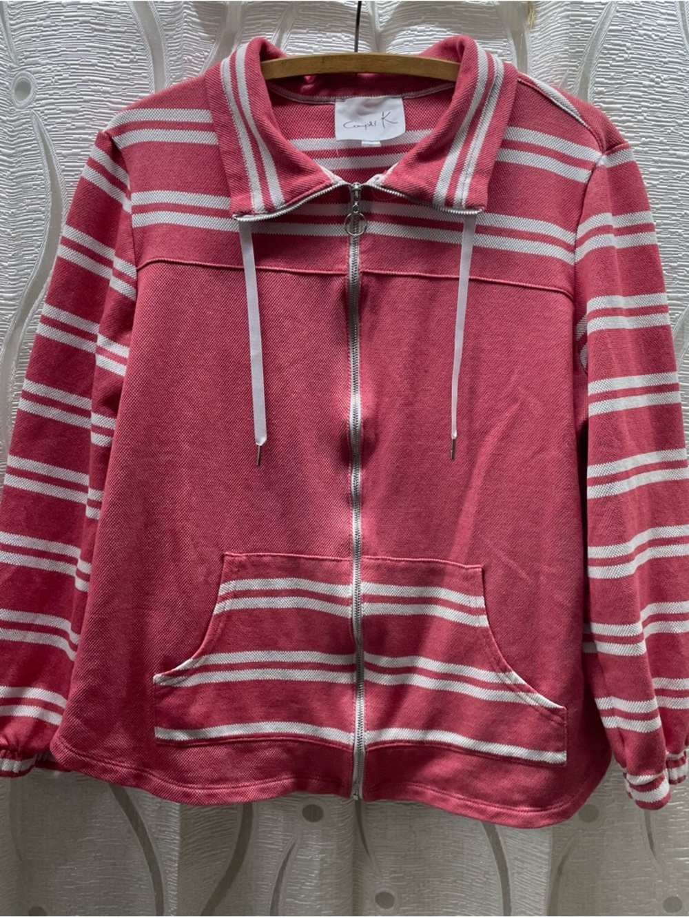 Compli K Zip Up Jacket Womens Large Pink Striped Excellent Mock Neck‎ Drawstring